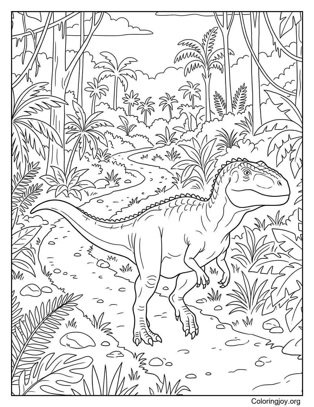 Giganotosaurus explorando un sendero en la jungla