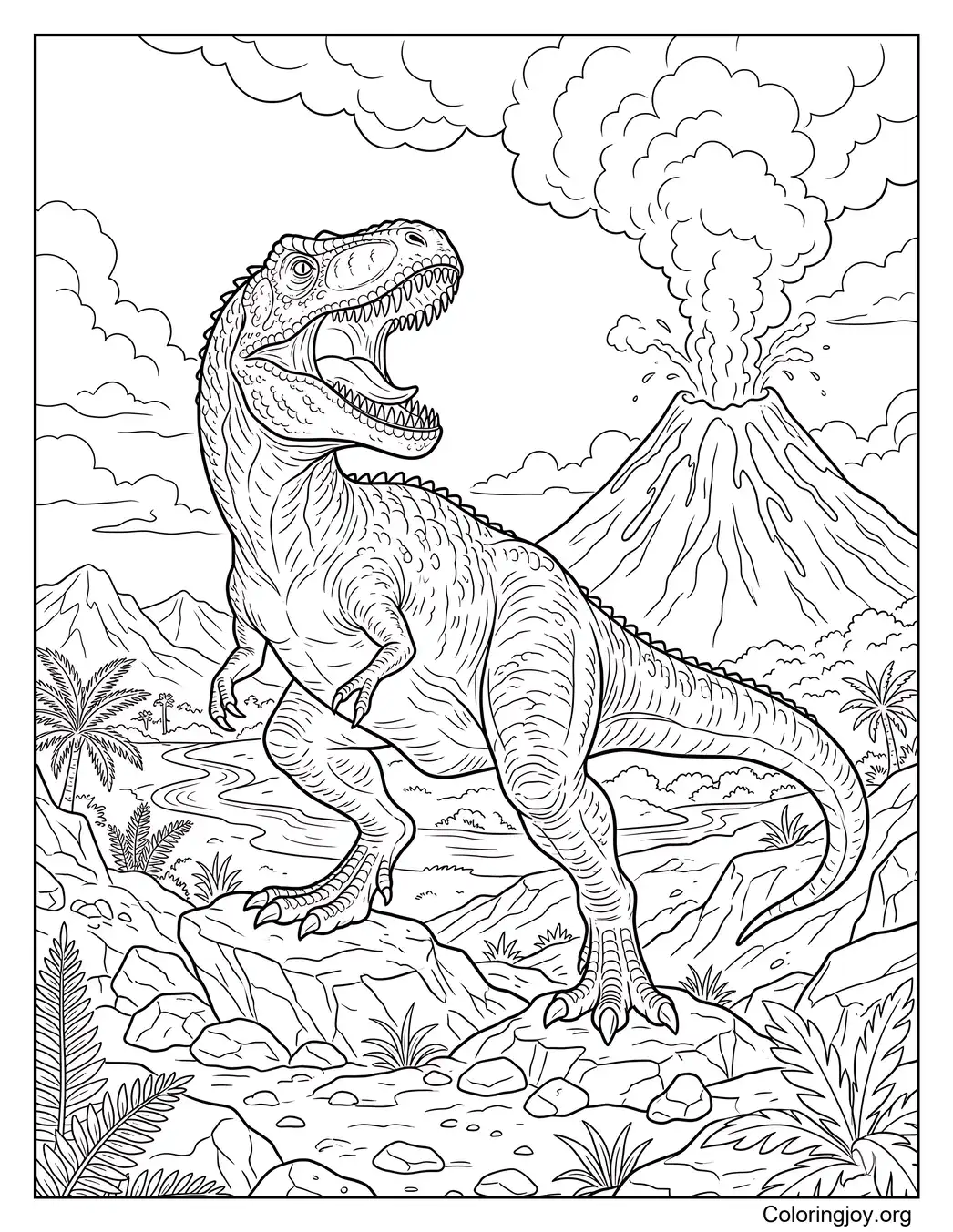 Giganotosaurus rugiendo cerca de un volcán