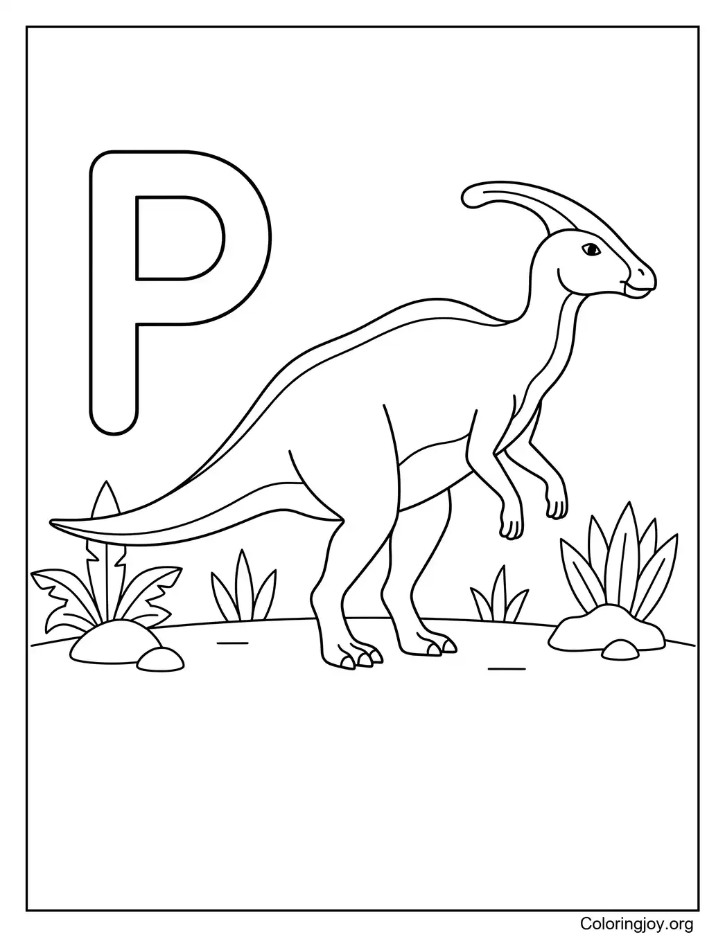 La letra P es para Parasaurolophus Página educativa para colorear