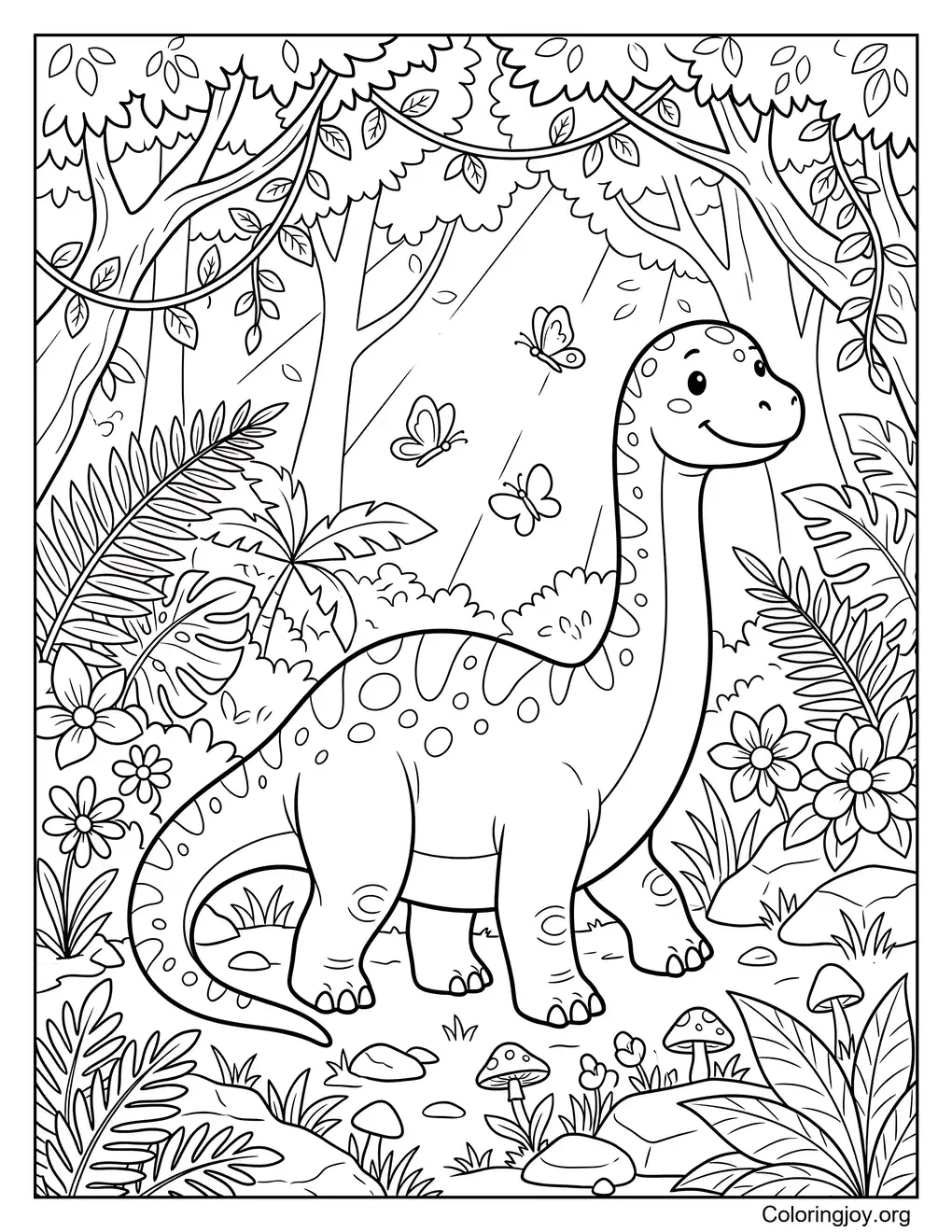 Lindo bebé Diplodocus sonriendo en una jungla