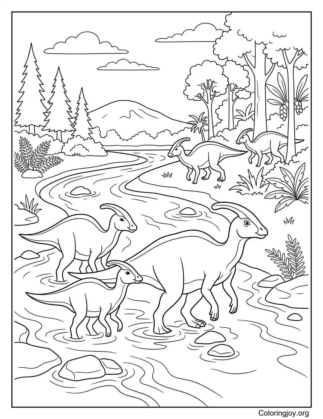 Manada de Parasaurolophus cruzando un río