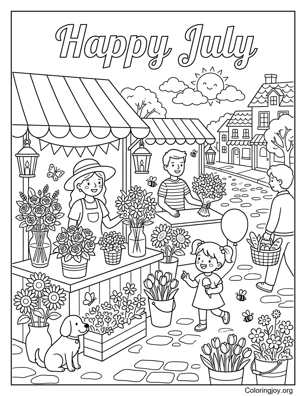 Mañana del mercado de flores de julio