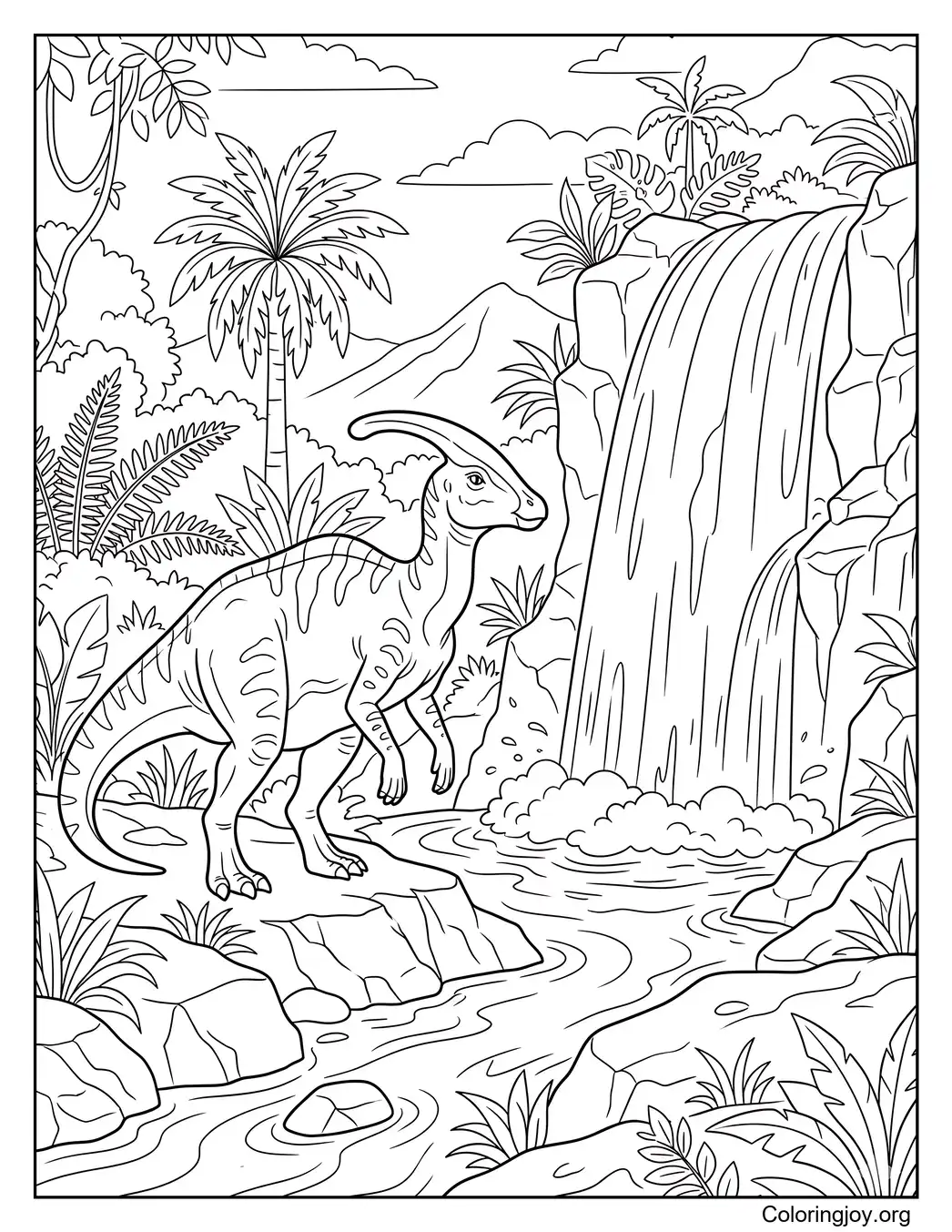 Parasaurolophus cerca de una cascada