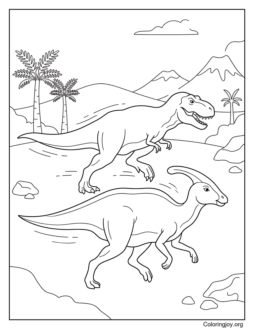 Parasaurolophus escapando de un T-Rex