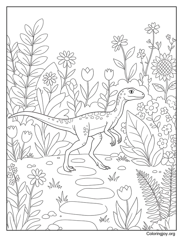 Paseo por el jardín de Compsognathus para colorear