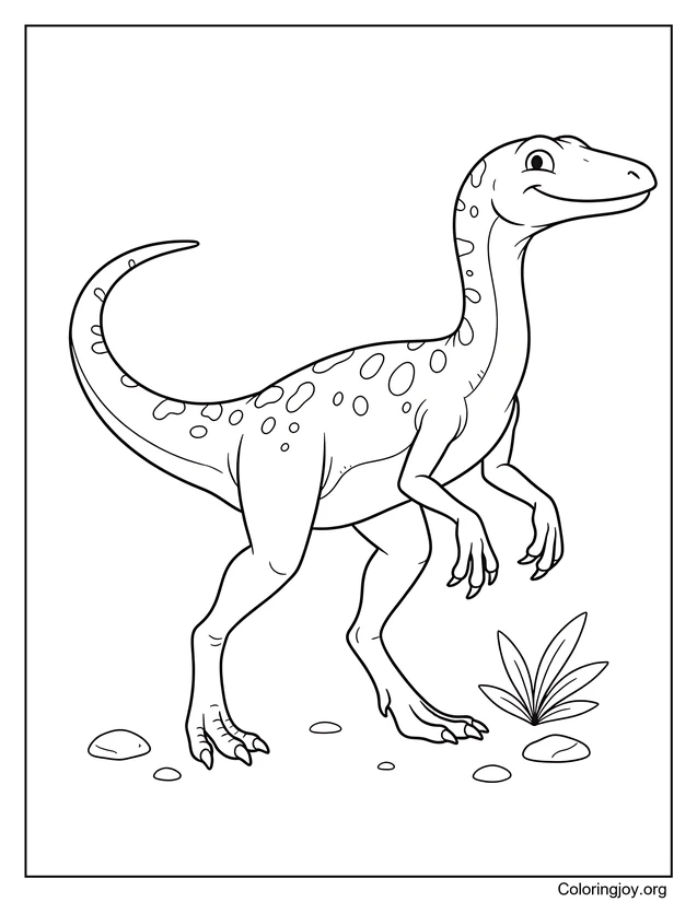 Página para colorear del pequeño Compsognathus feliz
