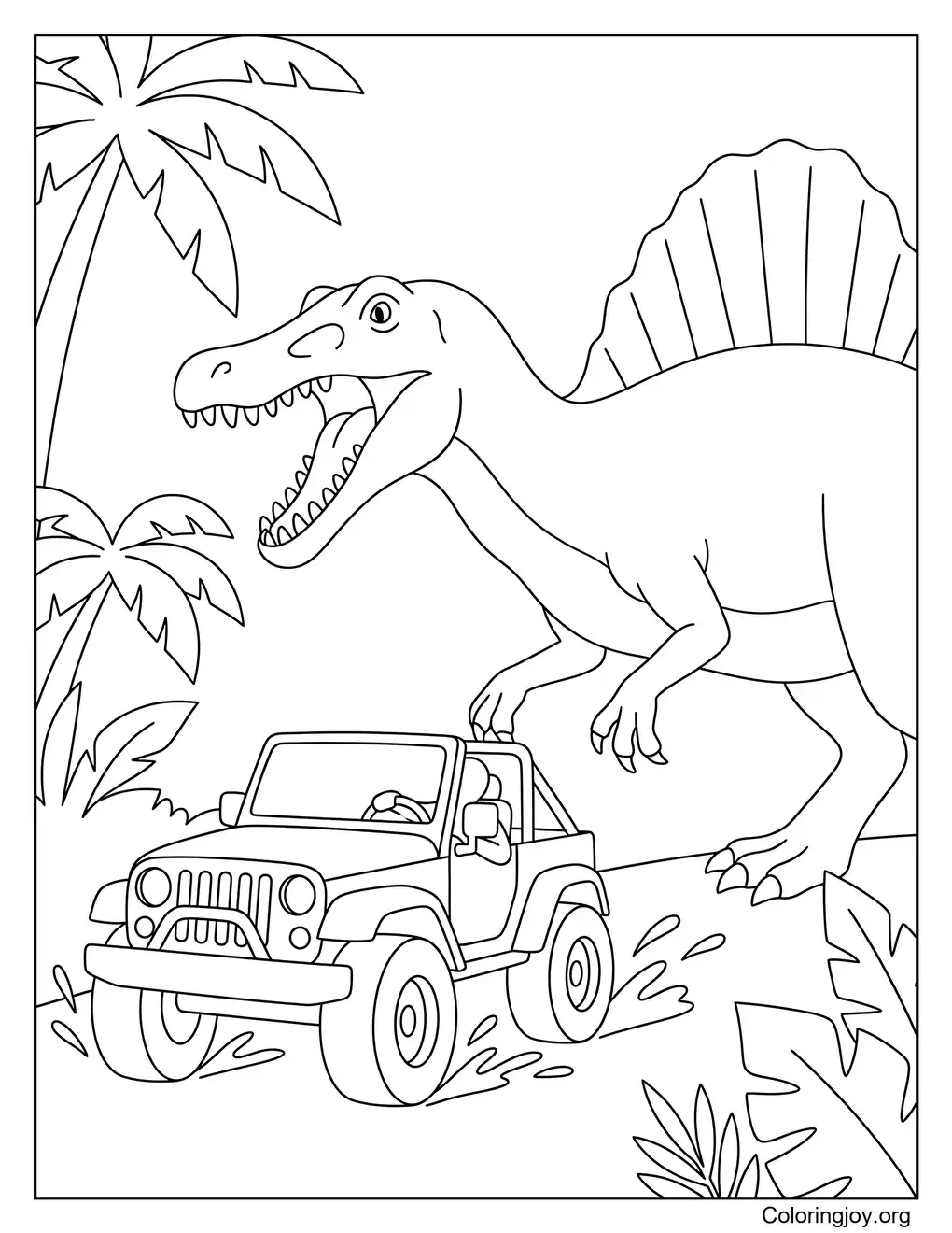 Dibujo para colorear de Spinosaurus en jeep de la selva