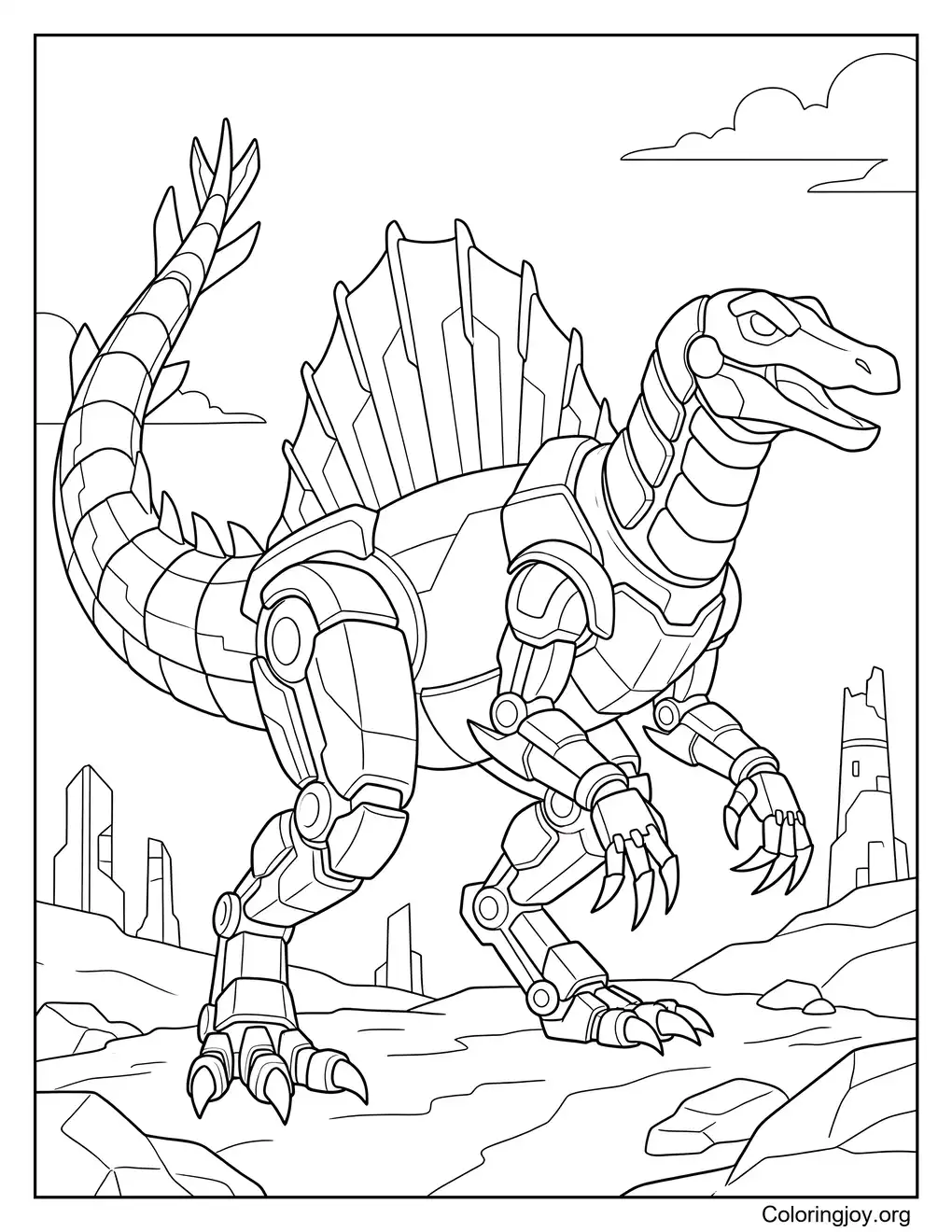 Página para colorear de robot Spinosaurus con armadura mecánica
