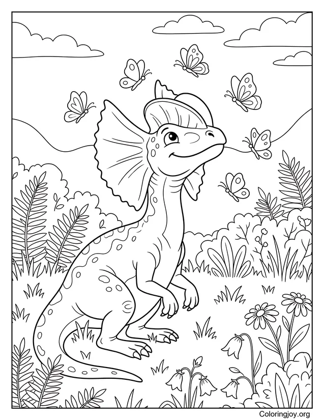 Simpático Dilophosaurus jugando con mariposas