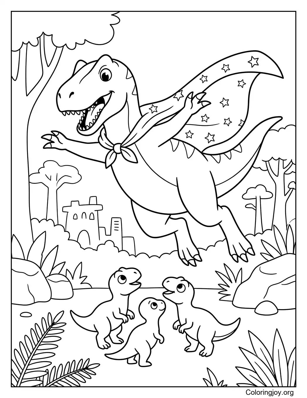 Superhéroe Allosaurus salvando dinosaurios