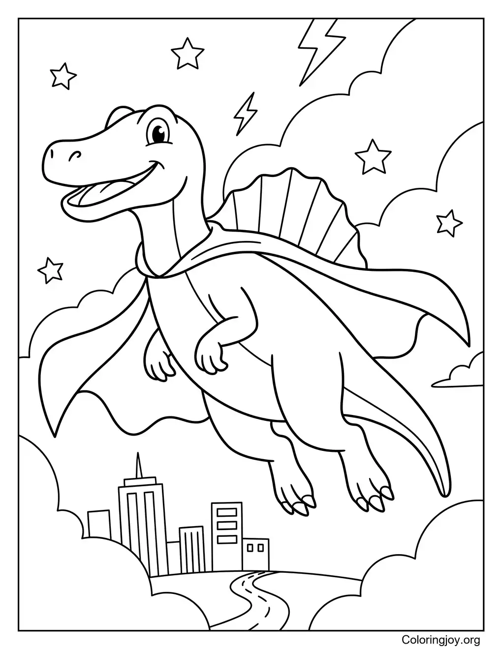 Página para colorear del superhéroe volador Spinosaurus