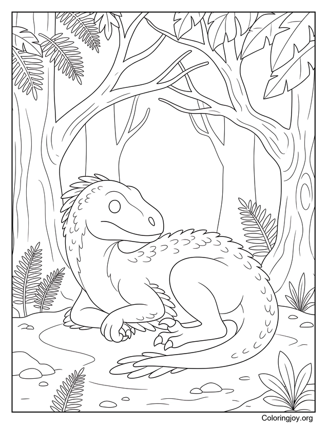Utahraptor descansando bajo árboles centenarios