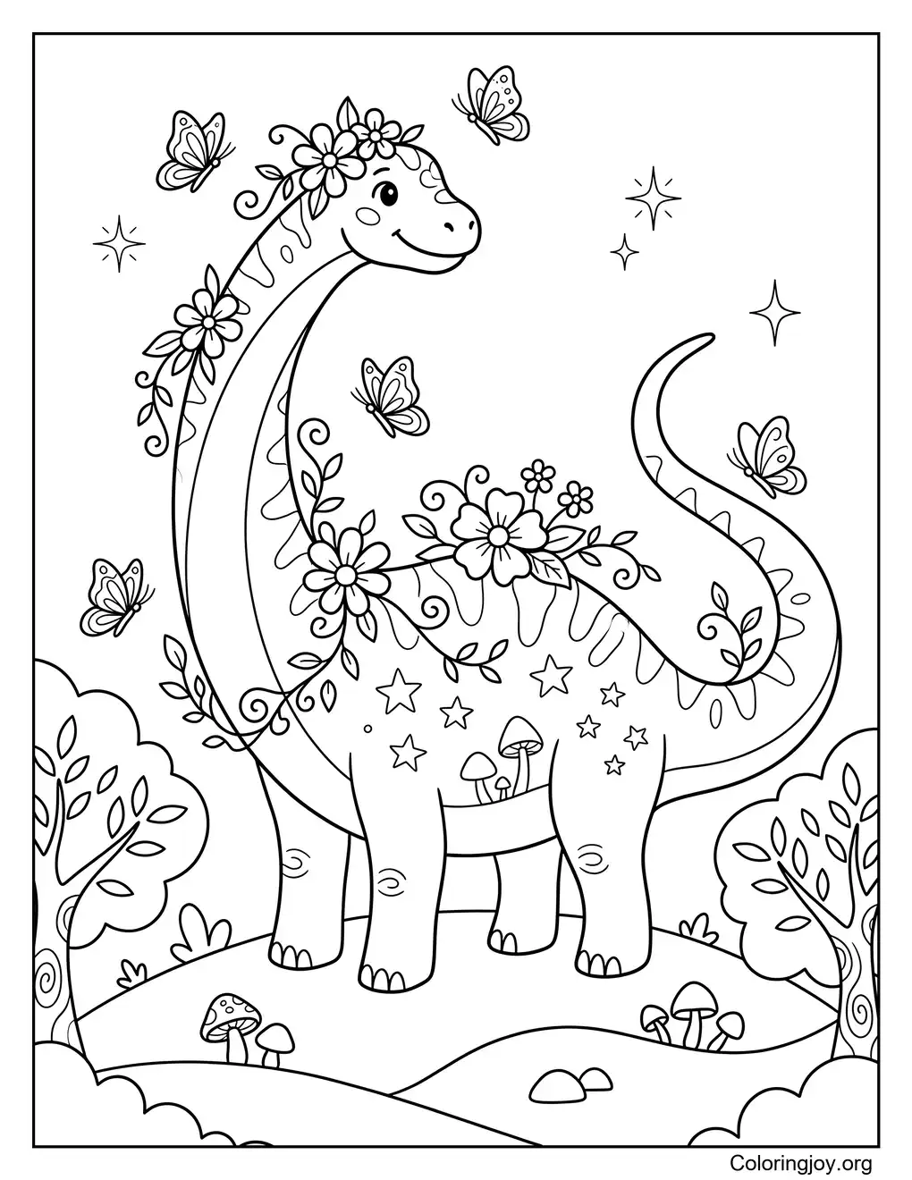 Fantasy Diplodocus with flowers and butterflies