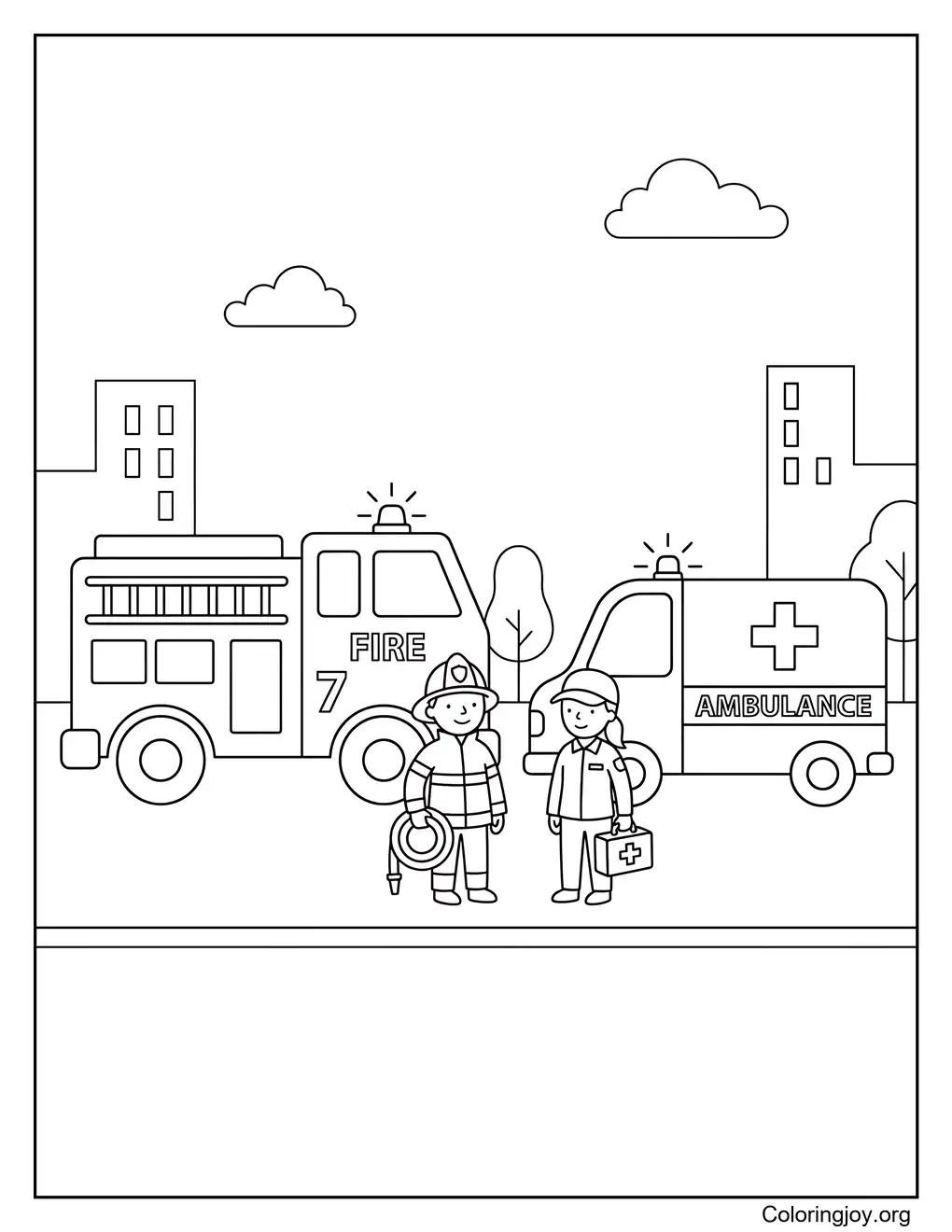 Fire Truck Ambulance Rescue Scene Coloring Page