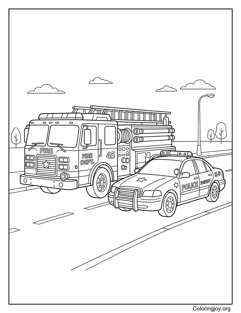 Fire Truck and Police Car Coloring Page