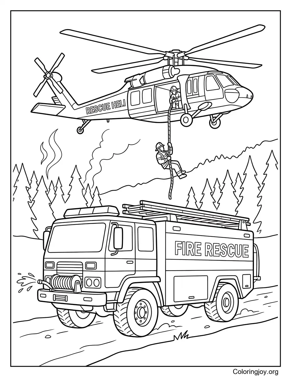 Fire Truck Helicopter Rescue Coloring Page