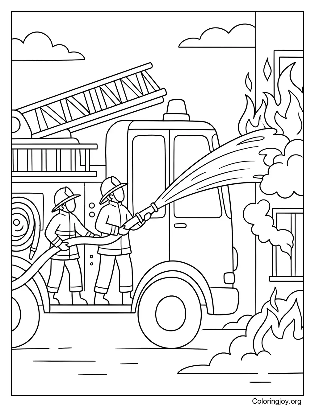Fire Truck Putting Out Fire Coloring Page