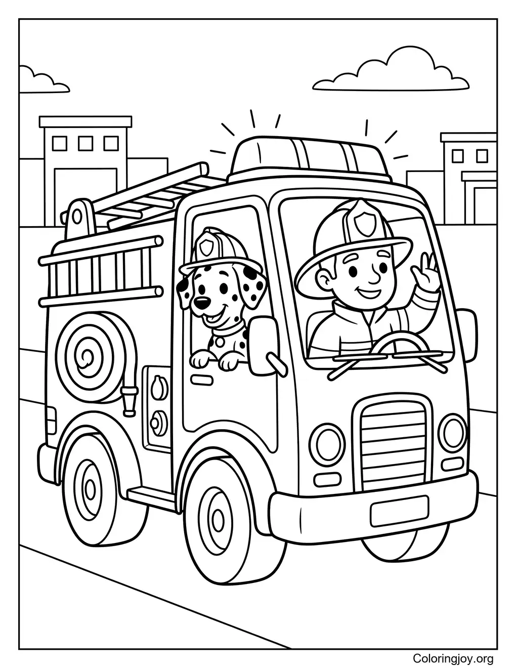 Fire Truck With Dog Coloring Page