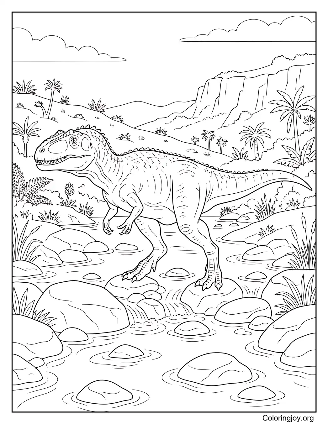 Giganotosaurus überquert einen felsigen Fluss