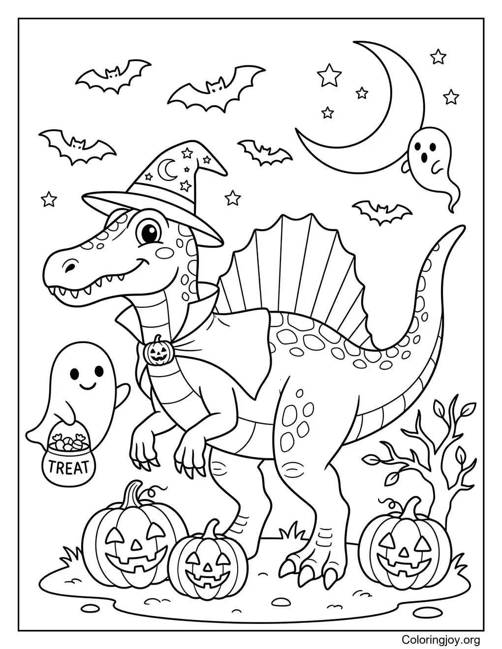 Halloween Spinosaurus Coloring Page With Pumpkins and Bats
