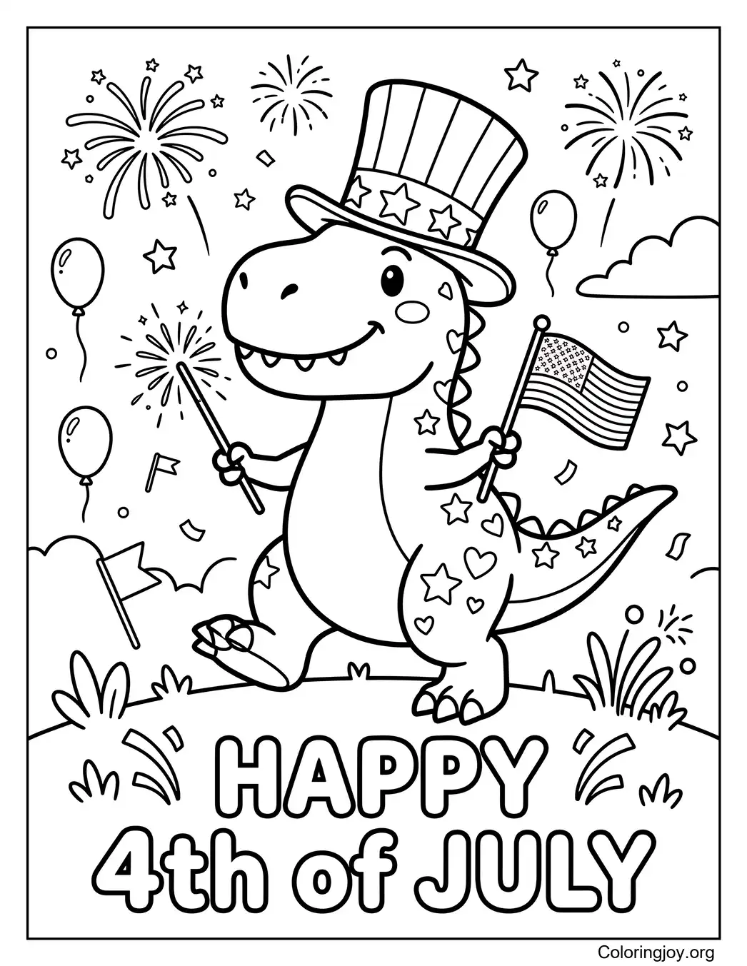 Happy 4th of July Dinosaur Coloring Page