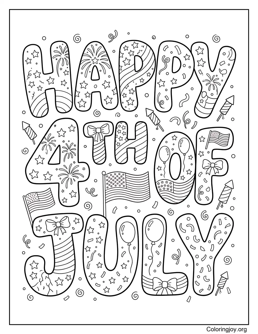 Happy 4th of July Typography Coloring Page