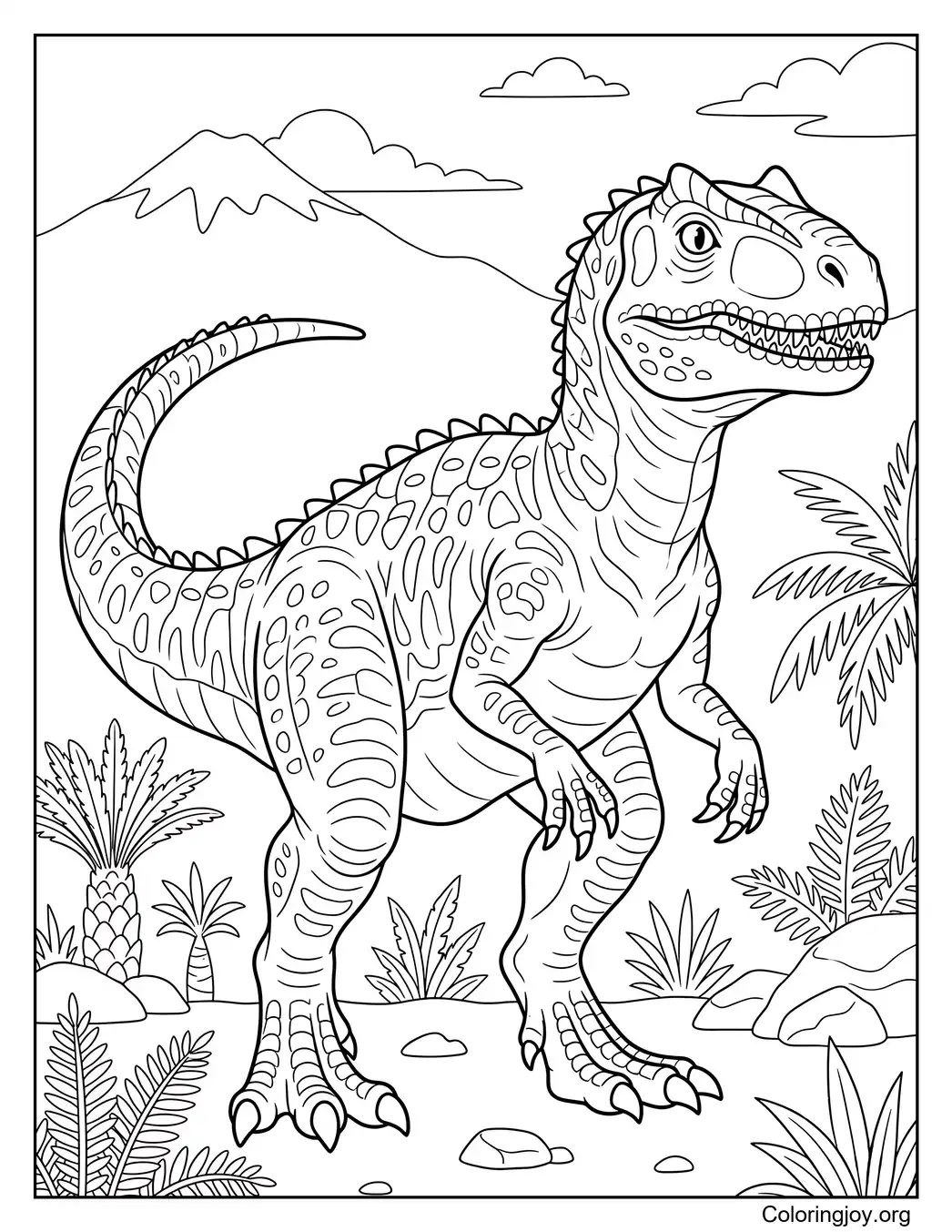 Highly detailed printable Allosaurus coloring poster page