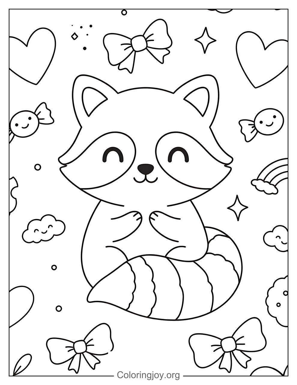 Kawaii Raccoon Coloring Page