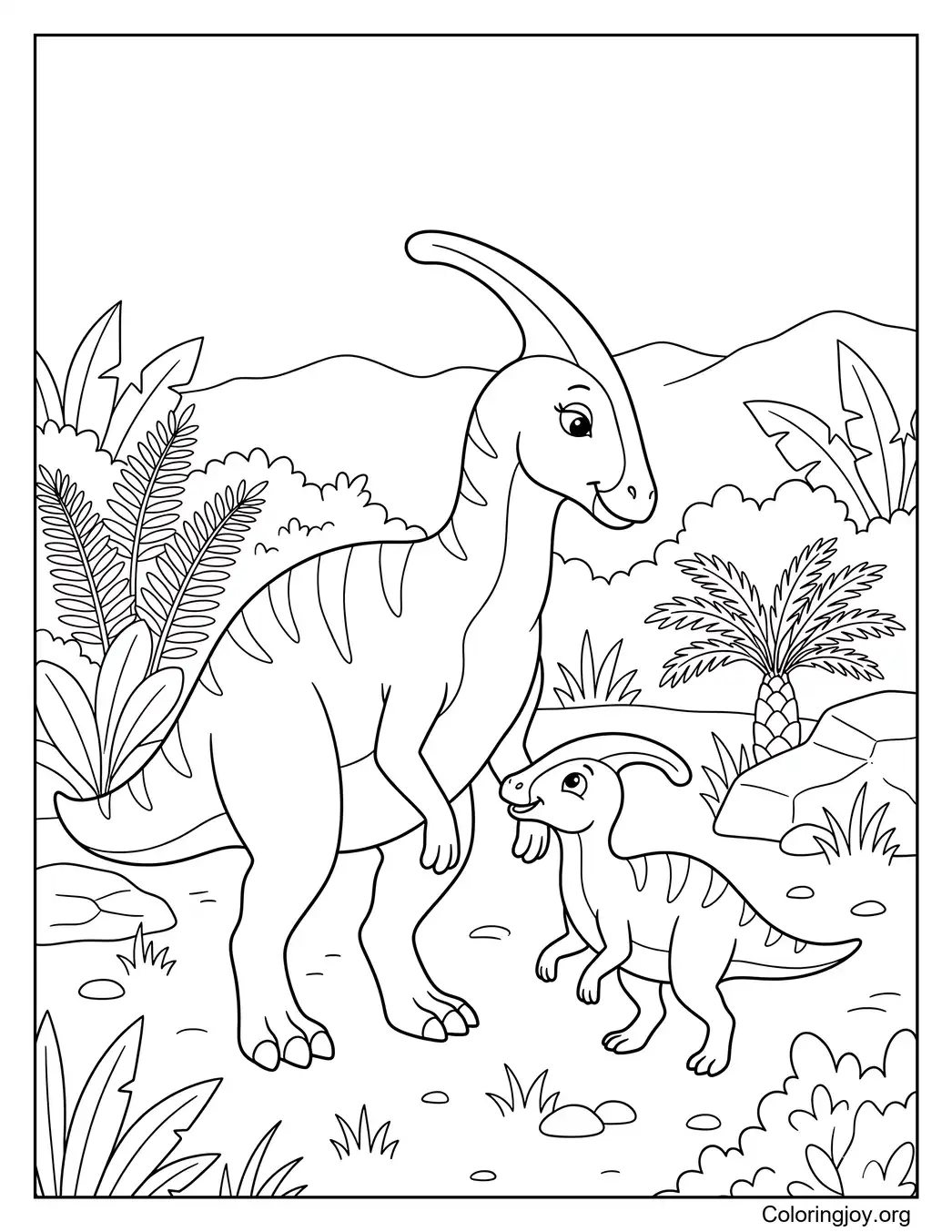 Mother and Baby Parasaurolophus Coloring Sheet