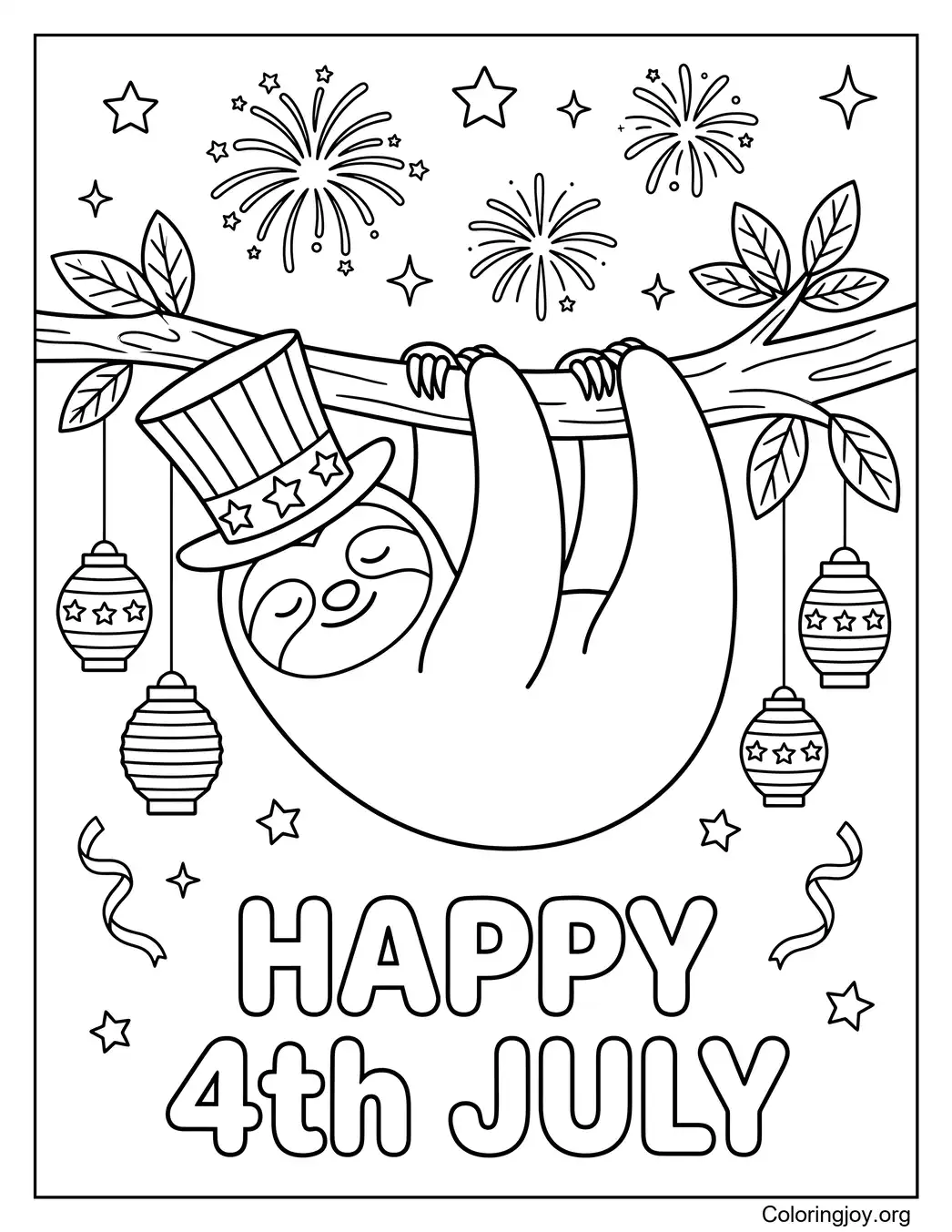 Patriotic Sloth 4th of July Coloring Page
