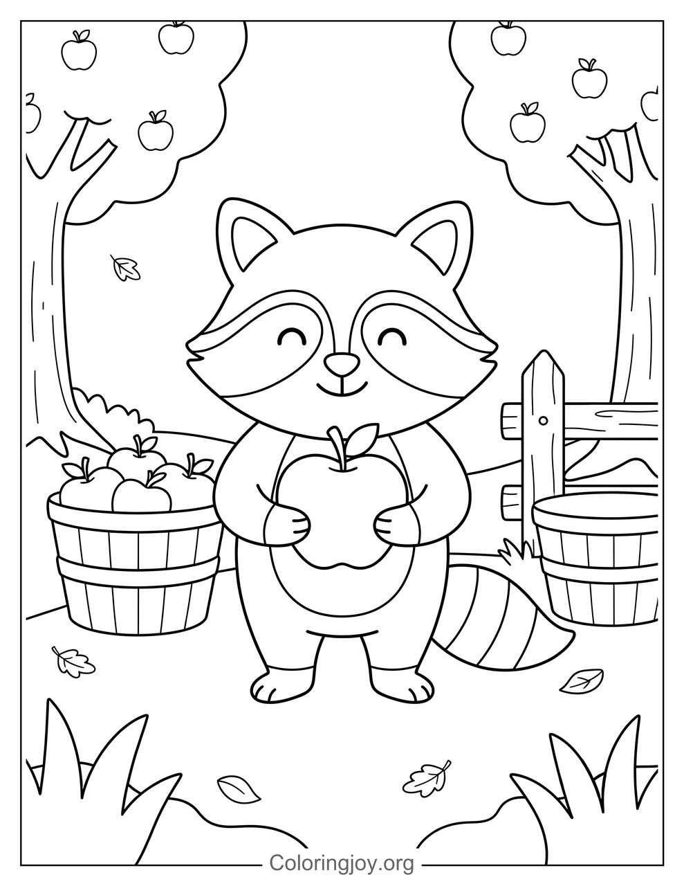 Raccoon Holding an Apple Coloring Page