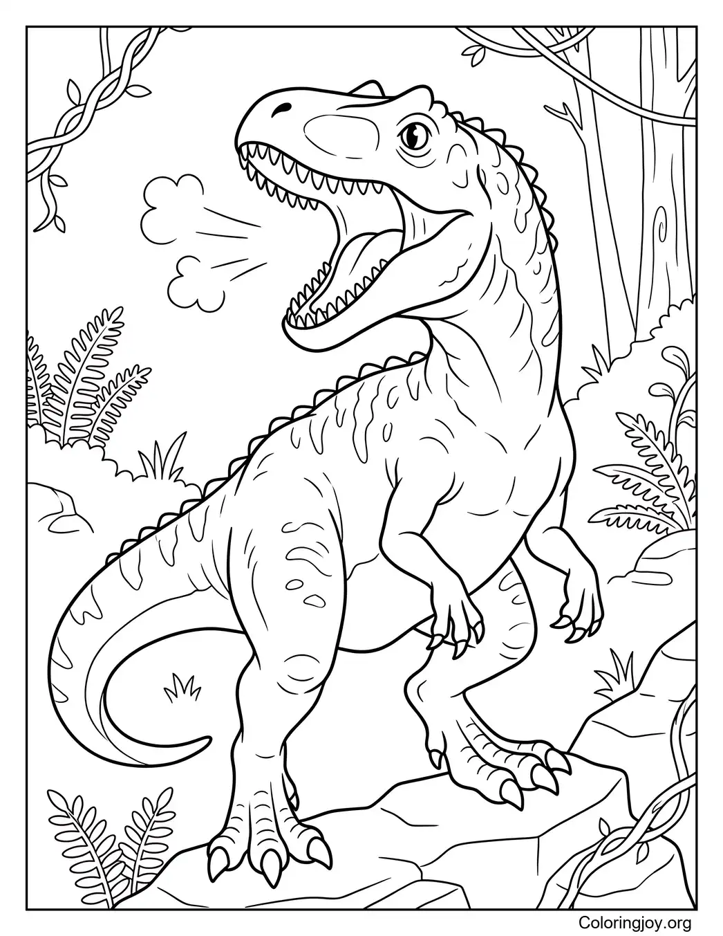 Realistic Allosaurus roaring in a prehistoric jungle