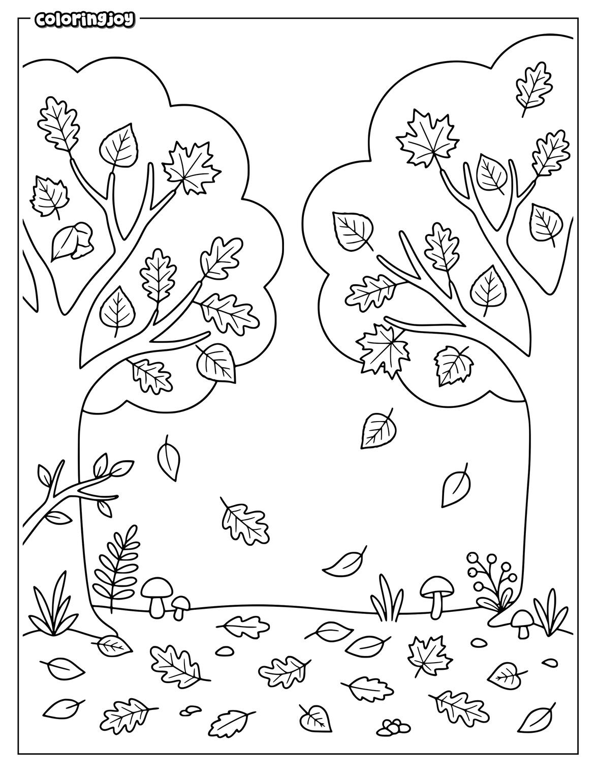 Two simple woodland animals surrounded by oversized Fall Leaves for coloring.