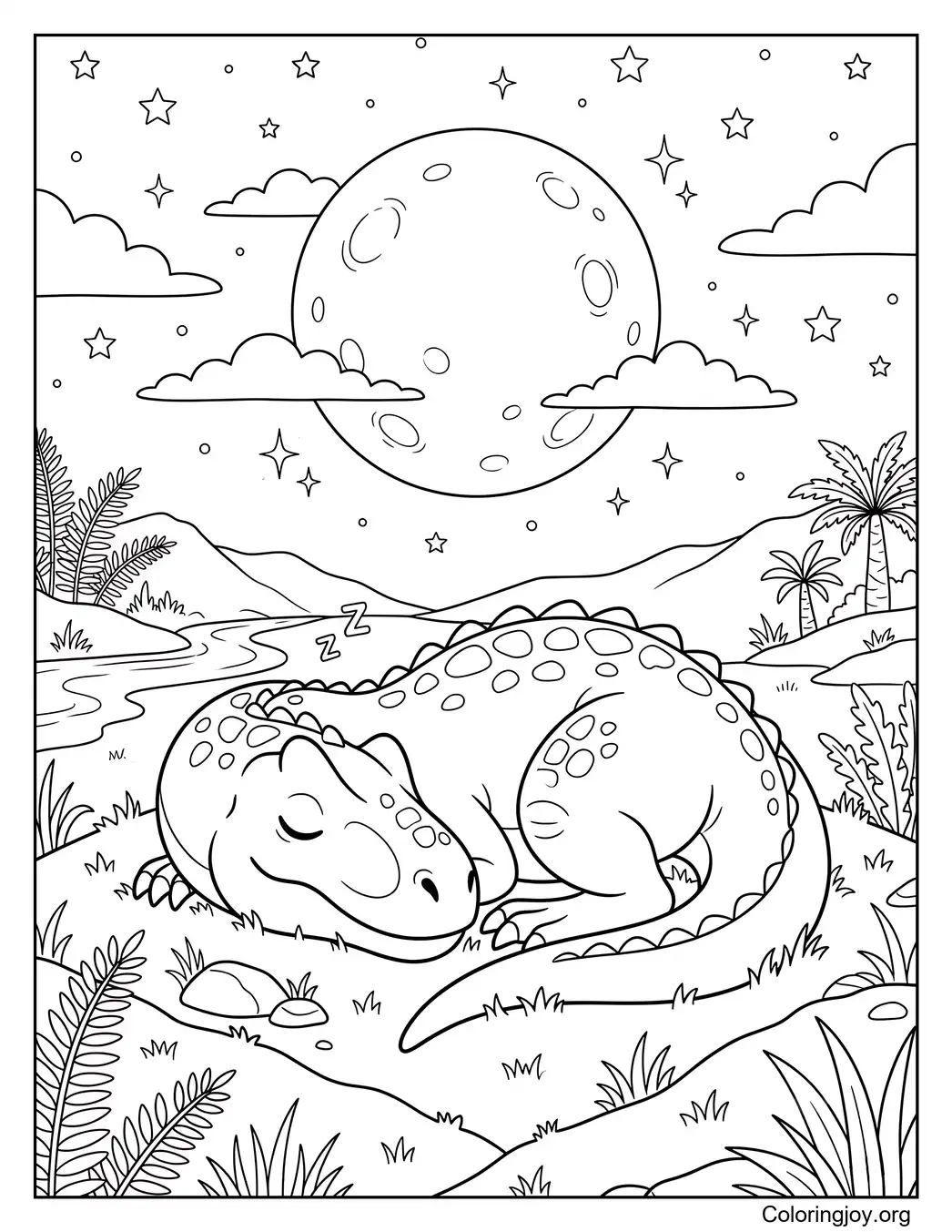 Sleeping Allosaurus under moonlight