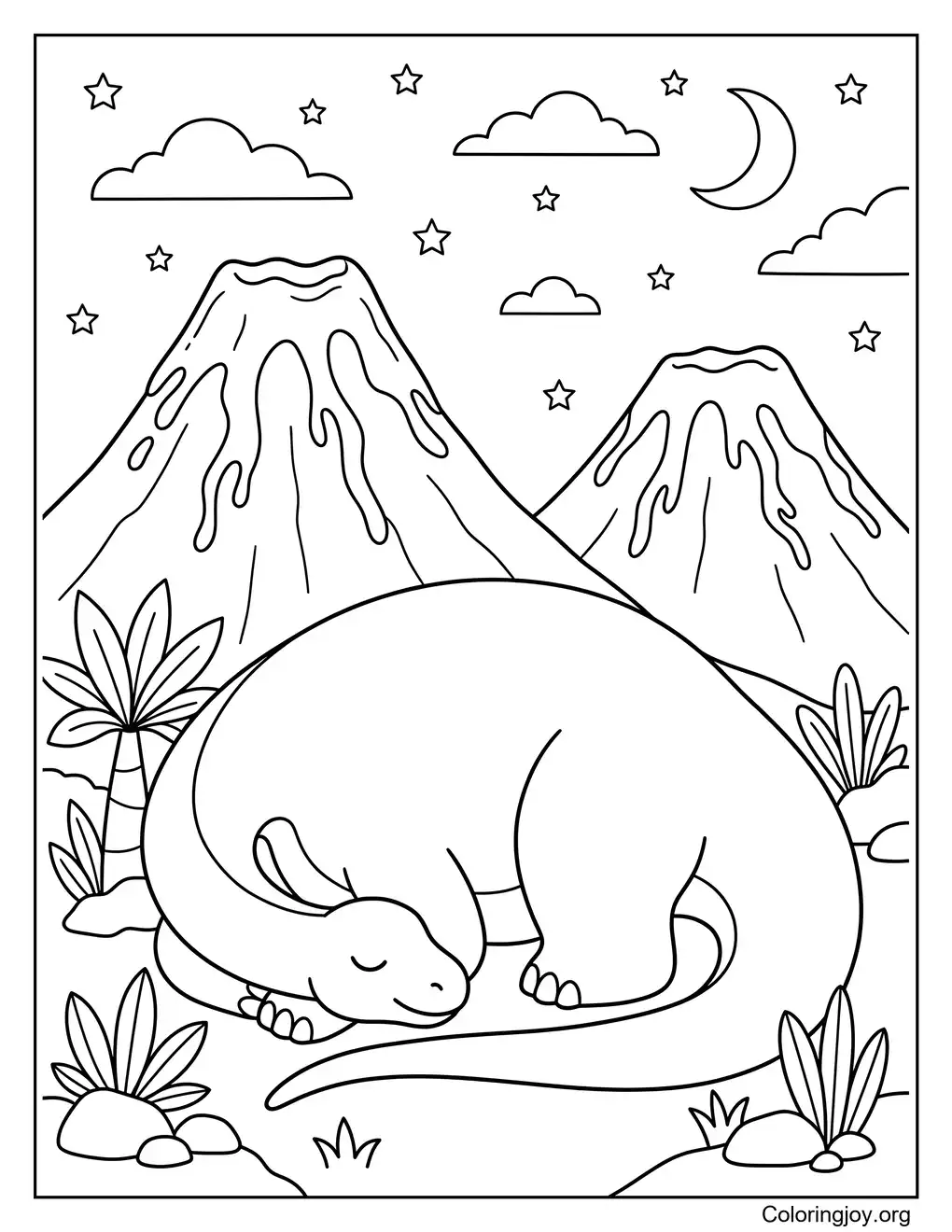Sleeping Diplodocus under volcano mountains