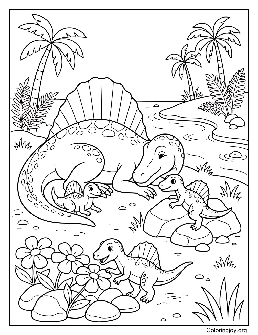 Ausmalbild: Baby-Dinosaurierfamilie Spinosaurus