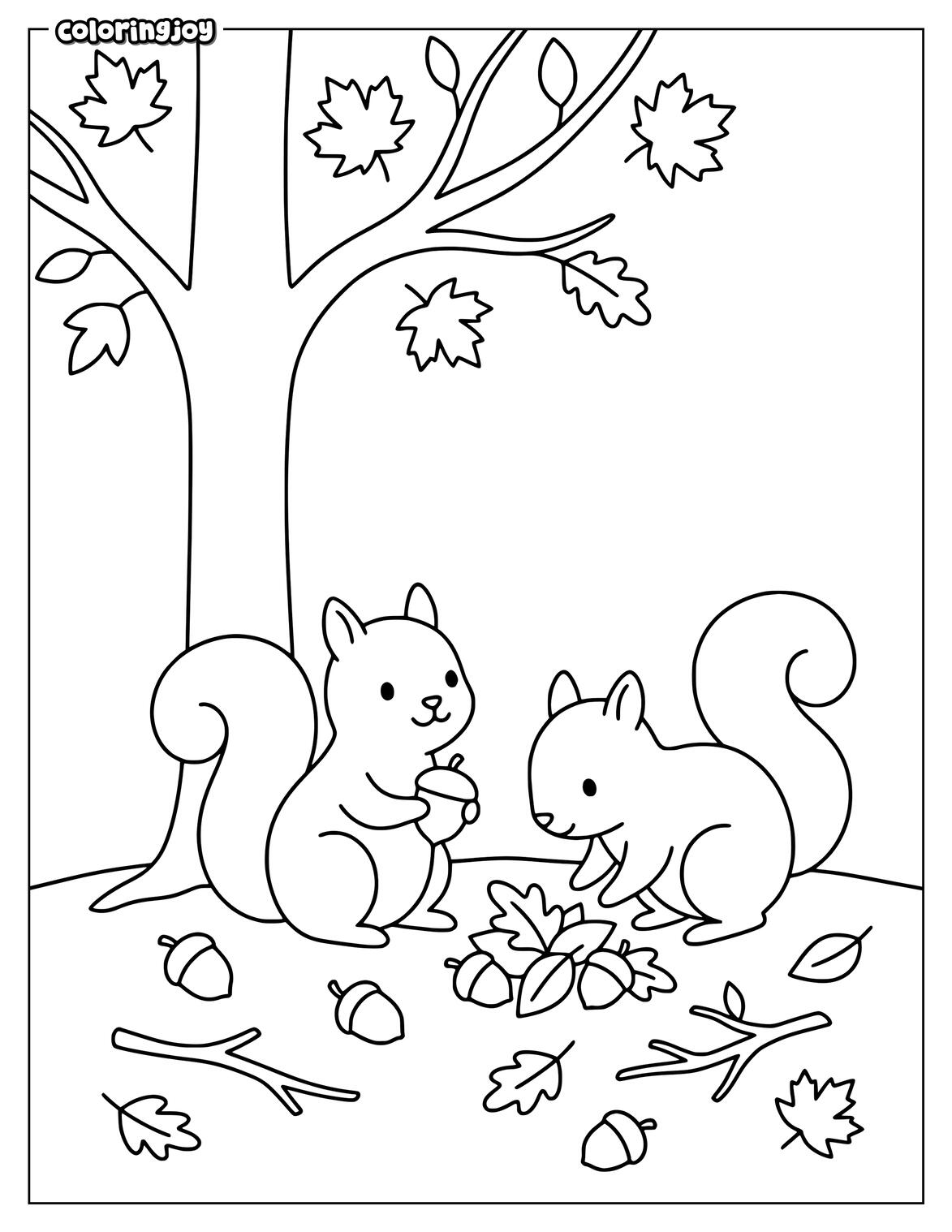 Simple nature scene with  trees and scattered Fall Leaves for coloring.
