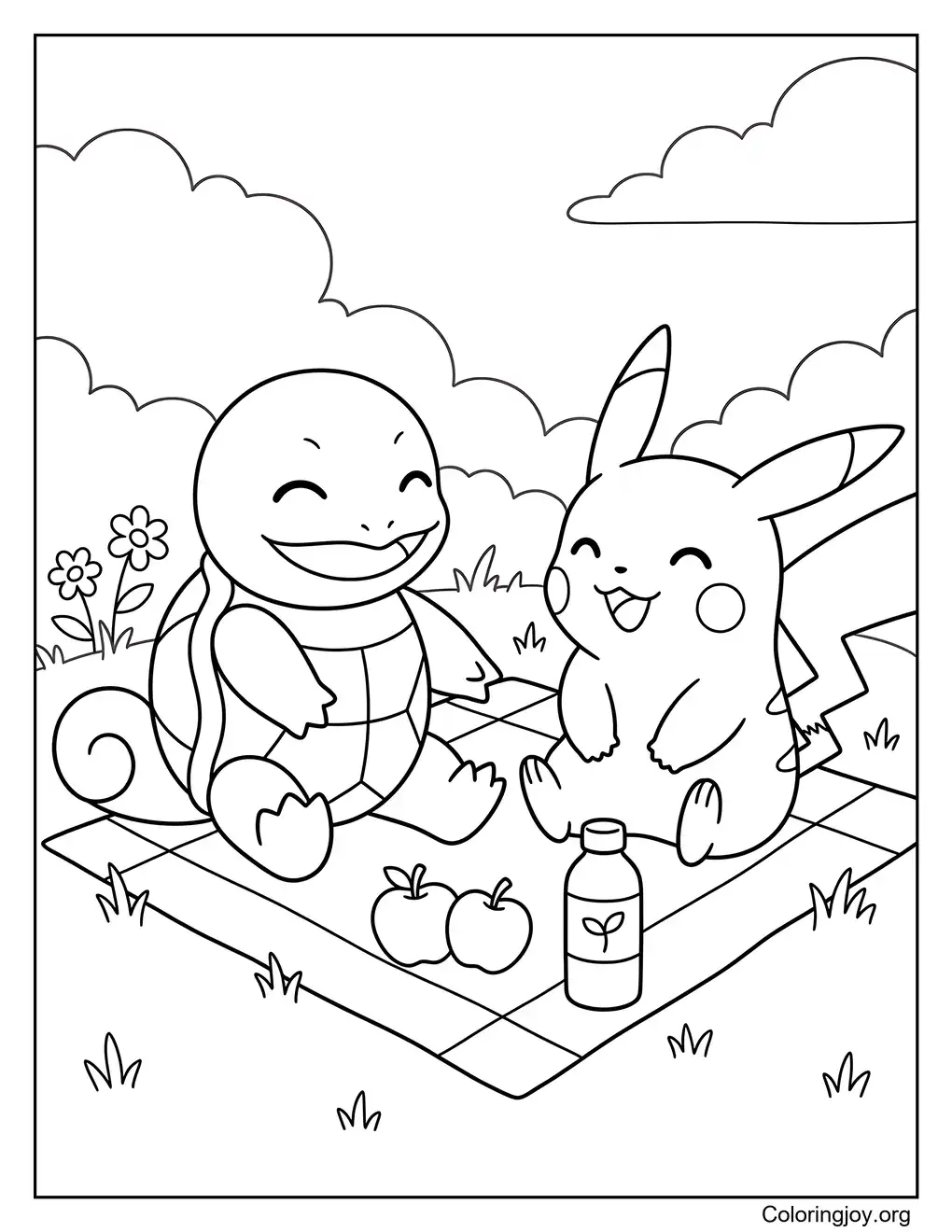 Squirtle and Pikachu friendship coloring printable page