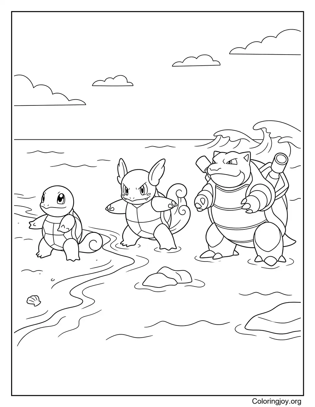 Evolution line Squirtle Wartortle Blastoise coloring sheet
