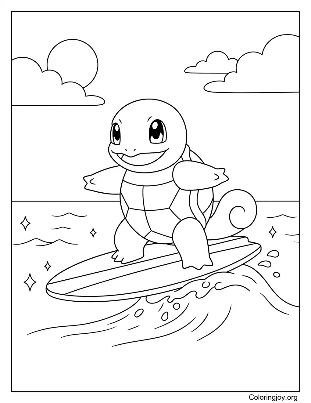 Surfing scene Squirtle simple style coloring sheet