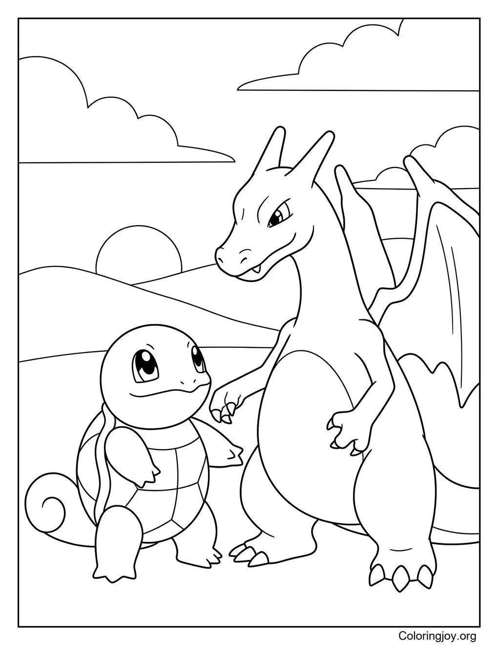 Charizard crossover Squirtle themed coloring sheet