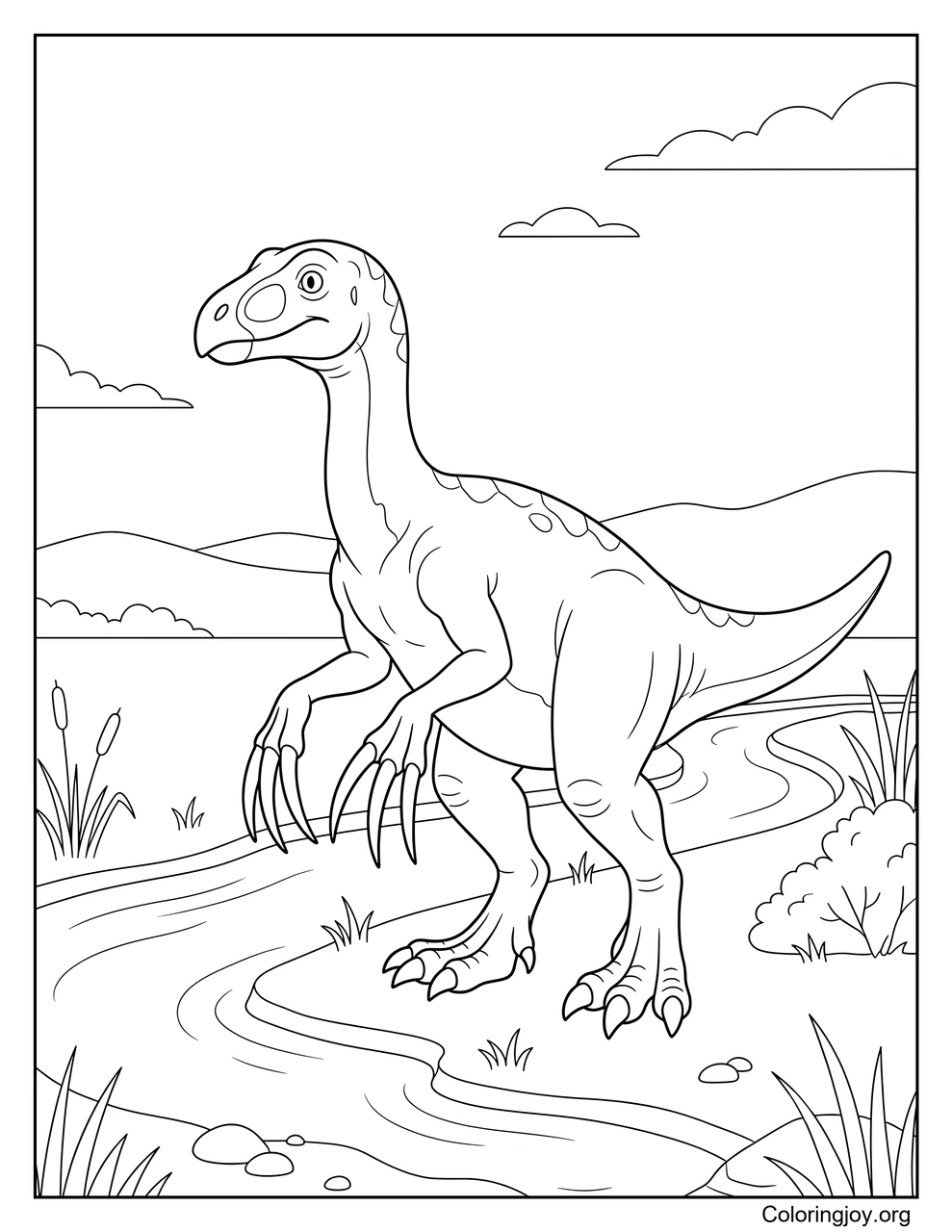 Scène naturelle au bord de la rivière Therizinosaurus