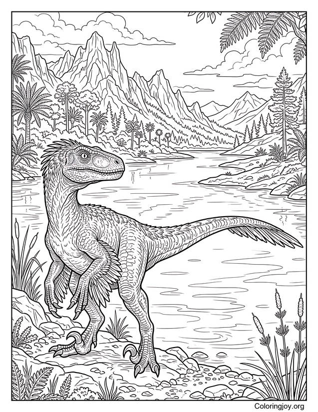 Utahraptor standing beside a quiet prehistoric lake.