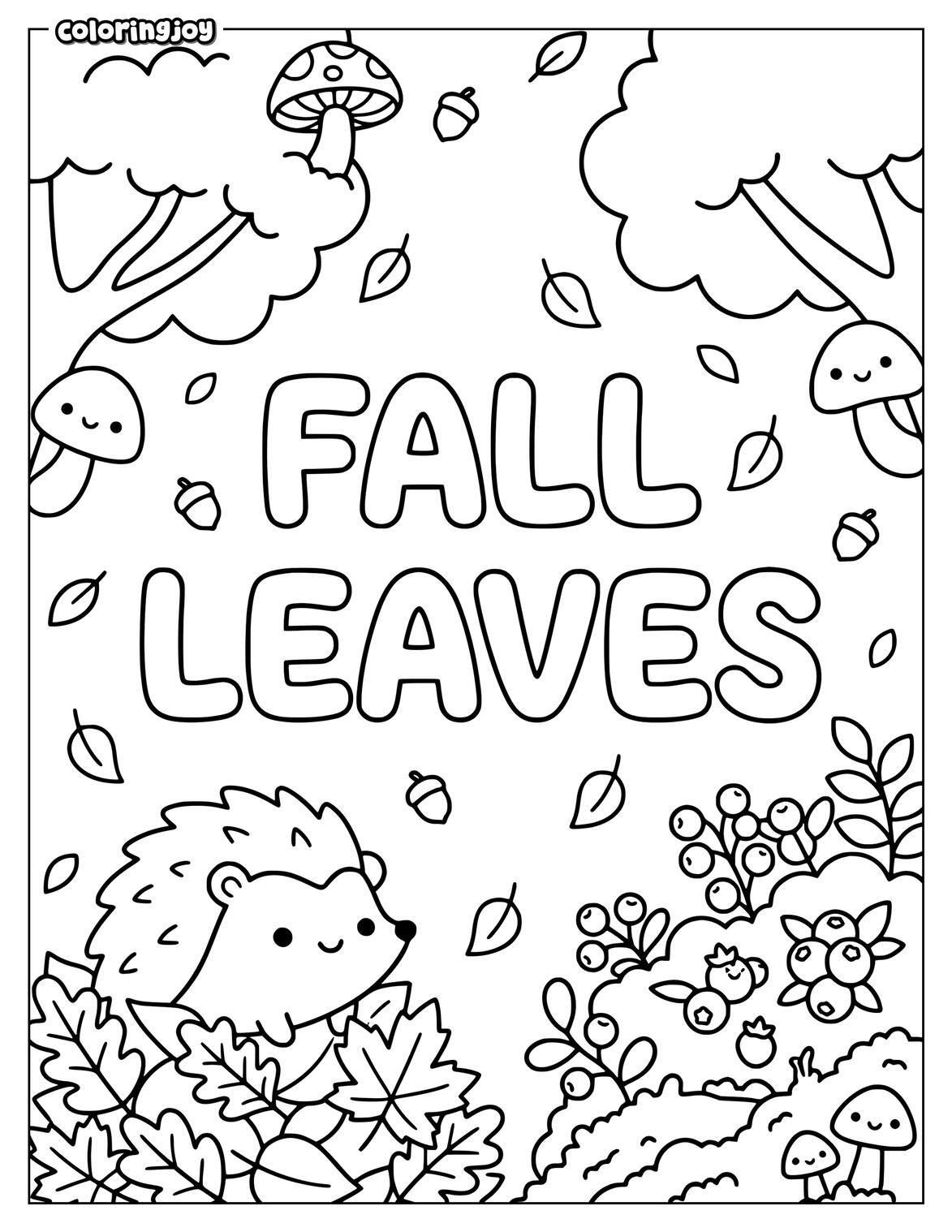 autumn tree surrounded by Fall Leaves in simple coloring page.