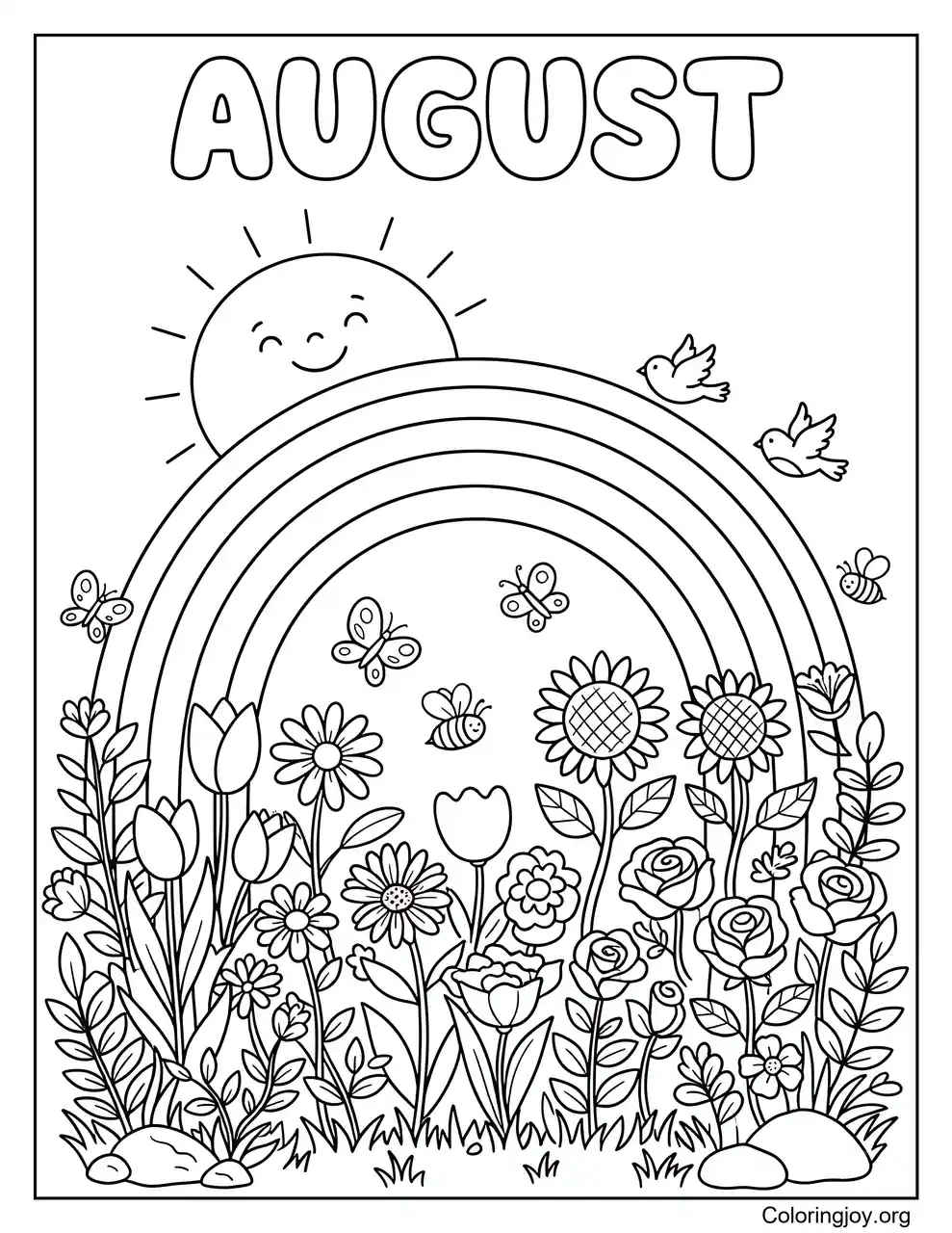 A beautiful rainbow stretches across a sky filled with blooming flowers.