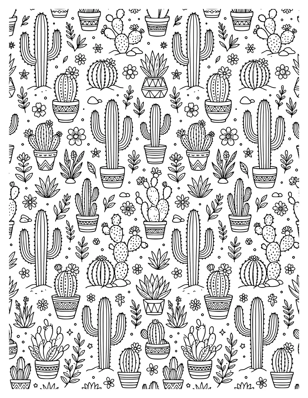 Smiling cactus surrounded by simple flowers.