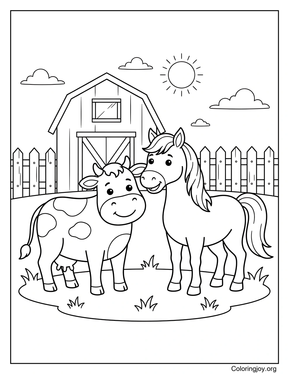 Cow and Horse on the Farm