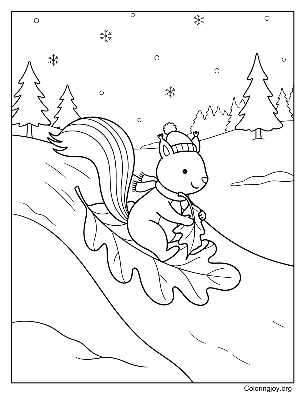 Ardilla bajando en trineo por una colina nevada sobre una hoja