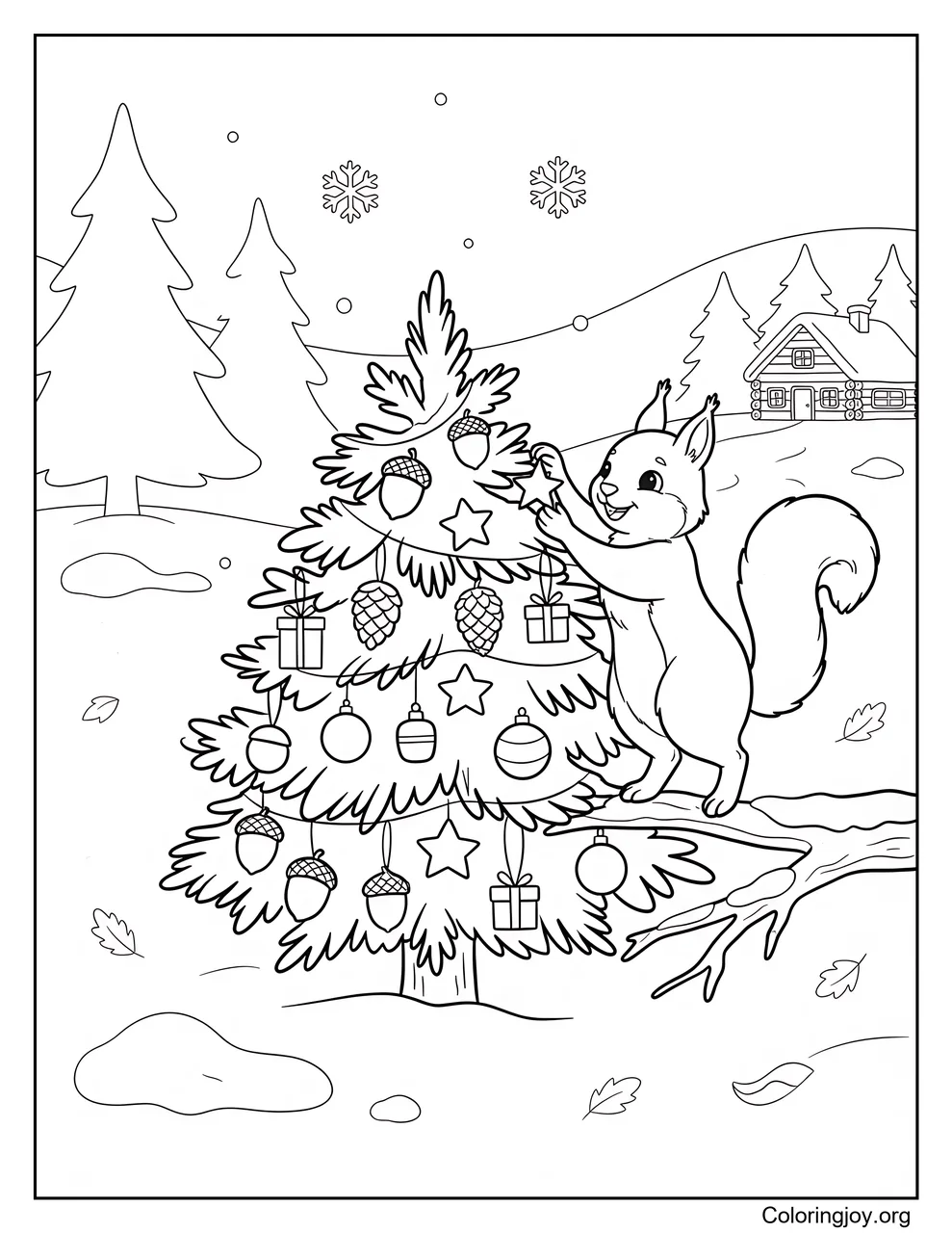 Ardilla decorando un árbol de Navidad del bosque