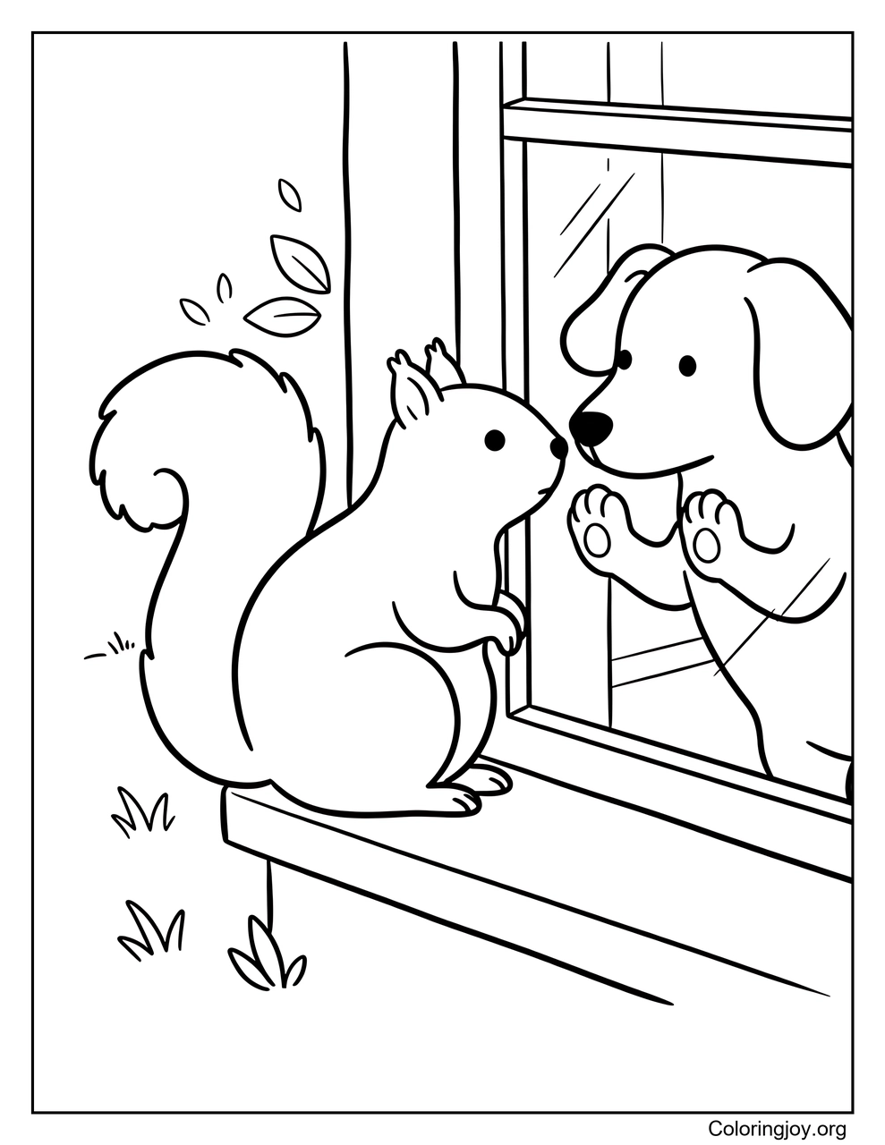 Ardilla mirando a un perro a través de una ventana